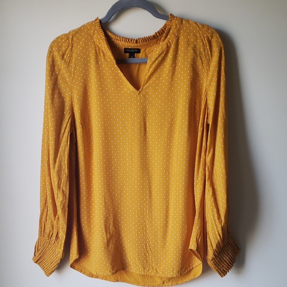 Talbots Mustard White Polka Dot V-neck LS Blouse